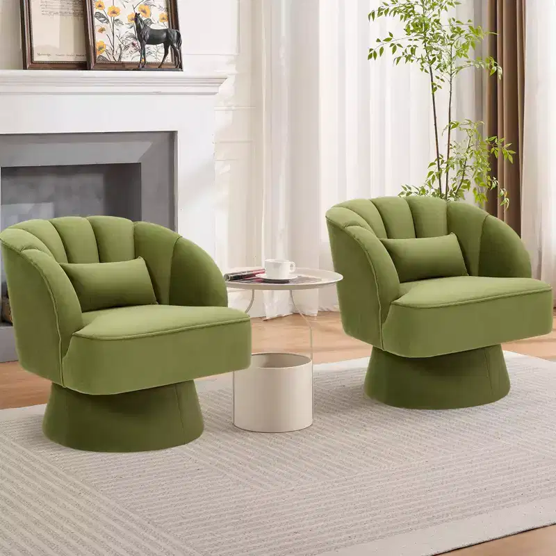 Modern Swivel Barrel Accent Chair, 360 Degree Velvet Upholstered Armchair with Striped Backrest & Plush Padding, Comfy Round Lounge Chair 2 PCS
