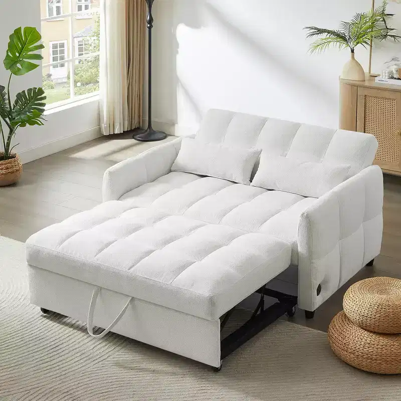 52.8 Pull-Out Sleeper Loveseat with Adjustable Backrest, 3 USB Ports & Lumbar Pillows - Chenille Tufted Sofa Bed for Small Spaces