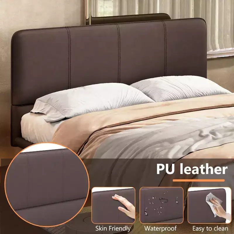 Okak Queen/Full Bedroom Floating Bed Frame with PU Leather Headboard & LED Light,Modern Platform Bed No Box Spring Needed