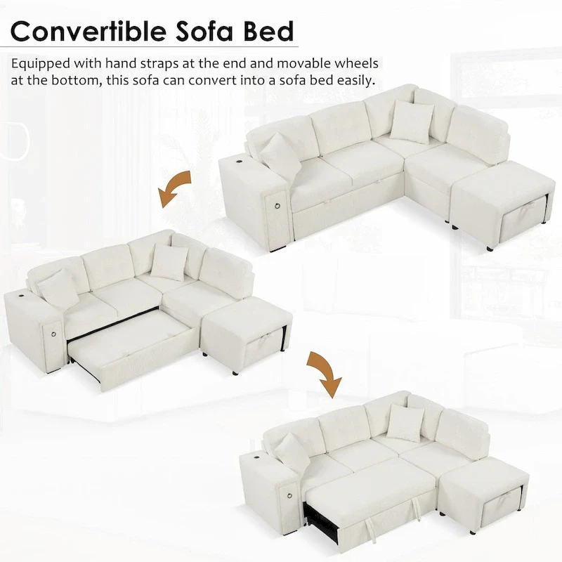 L-Shaped 4-Seat Sectional Sofa with Pull-Out Bed, Ottoman, USB Ports & Drop-Down Table