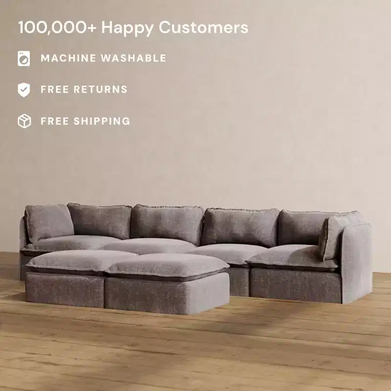 Anabei Modular Washable 4-Seater Sofa + Bench Ottoman | Deluxe+ Seat & Cloud Pillow