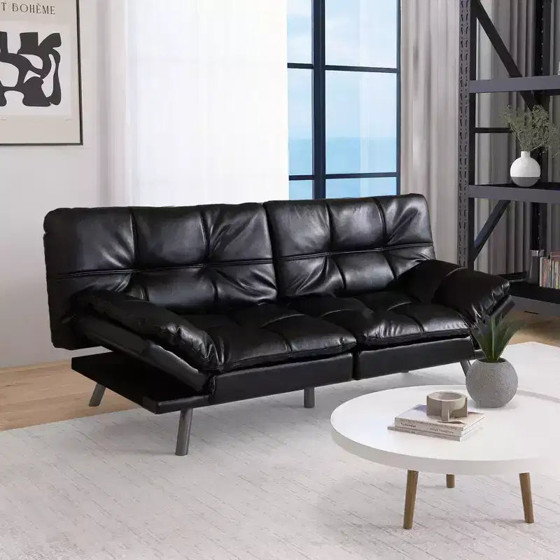 Dyonery 71 Futon Convertible Memory Foam Sofa Bed, Modern Loveseat for Living Room, Adjustable Armrests Backrest Sofabed, Faux Leather - Black
