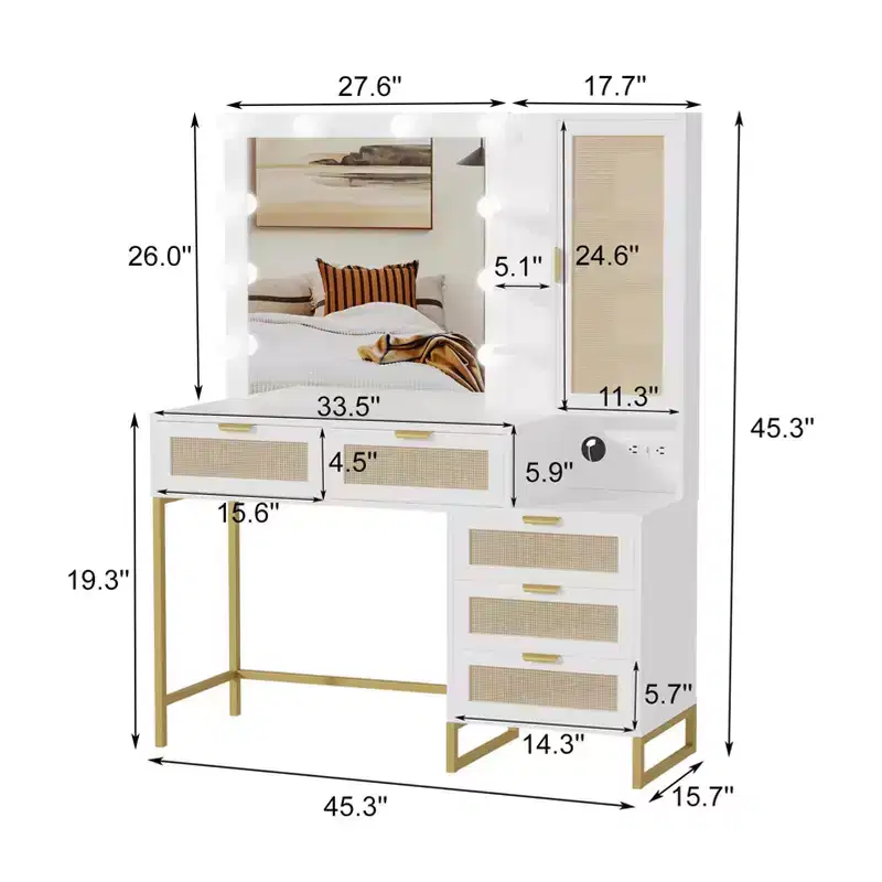 Modern Vanity Makeup Desk with Vanity Mirror, Built-in Lights, 5 Drawers, Power Outlet, Makeup Desk for Bedroom, White & Gold