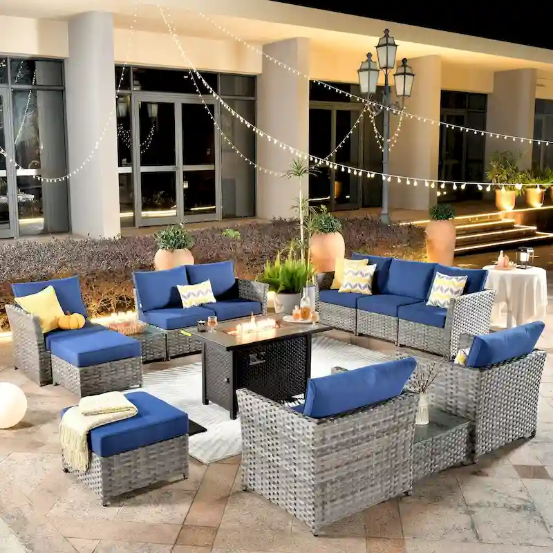 HOOOWOOO 13-piece Wicker Rattan Patio Sectional Conversation Set with Fire Pit