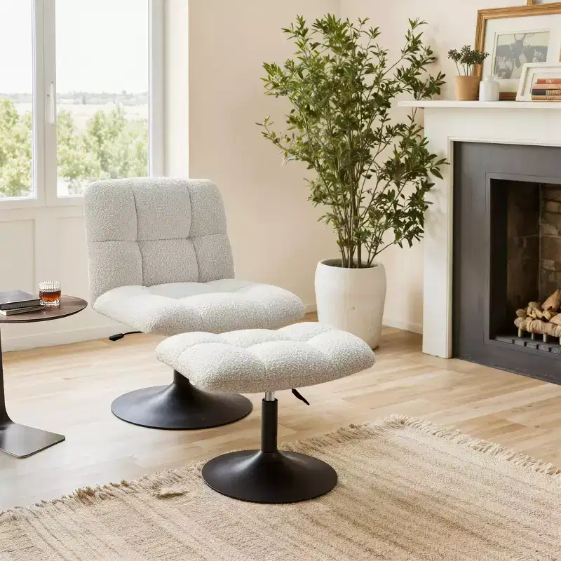 Art Leon Leisure Linen Fabric Swivel Accent Chair with Ottoman, Wood and Metal Frame