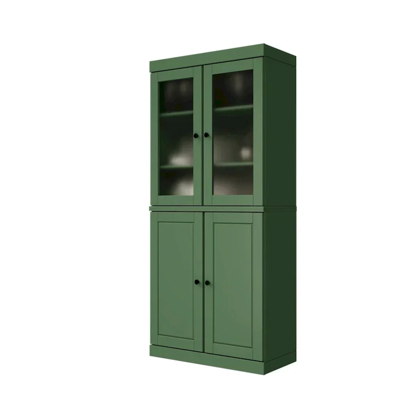 Armoire de rangement 100 % bois massif avec portes en verre dépoli, portes pleines, 2 tiroirs et étagères réglables.