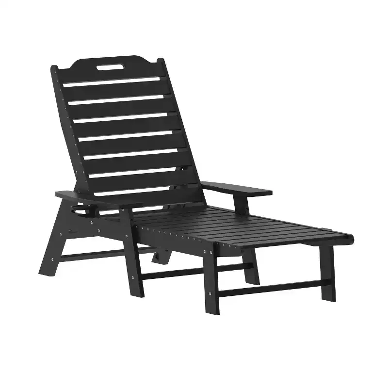 Emma and Oliver Poly Resin Adjustable Adirondack Lounger with Swivel Cup Holder for Indoor/Outdoor Use