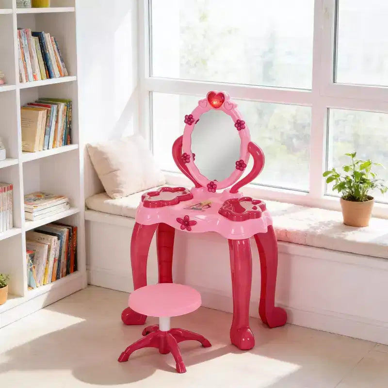 Etokfoks Kids Vanity Table with Stool Interactive Light Up Mirror and Sound 15 Accessories Pink Child Safe for Ages 3 to 6 17 in Wide