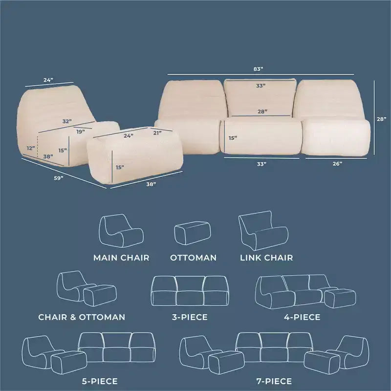 Big Joe Solvana Outdoor Patio Furniture Set, Performance Linen Weather-Resistant Fabric Sofa, 5 Piece Sectional, Sunlit Cream
