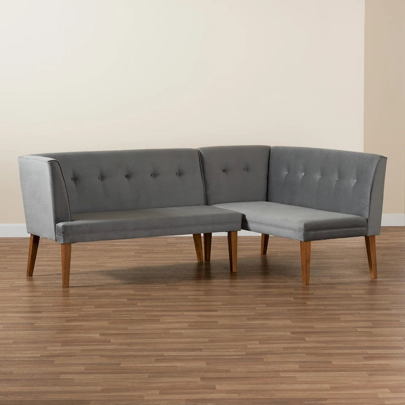 Stewart Mid-Century Velvet Dining Nook Banquette Set(2PC)-Grey