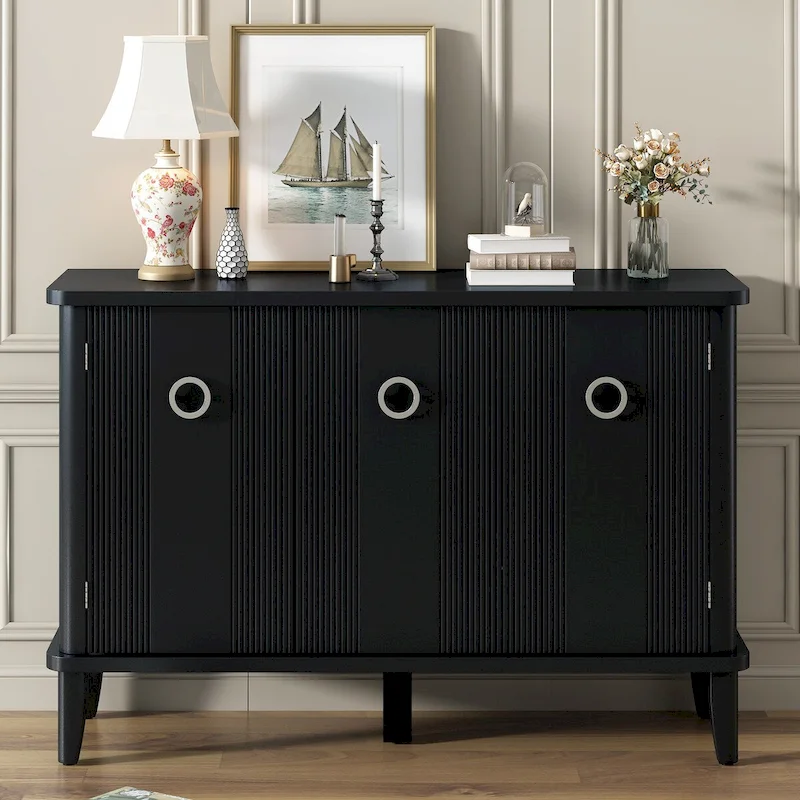 Simple and Atmospheric Solid Wood Veneer Fraxinus Mandschuric Cabinet with Three Acacia Solid Doors,Adjustable