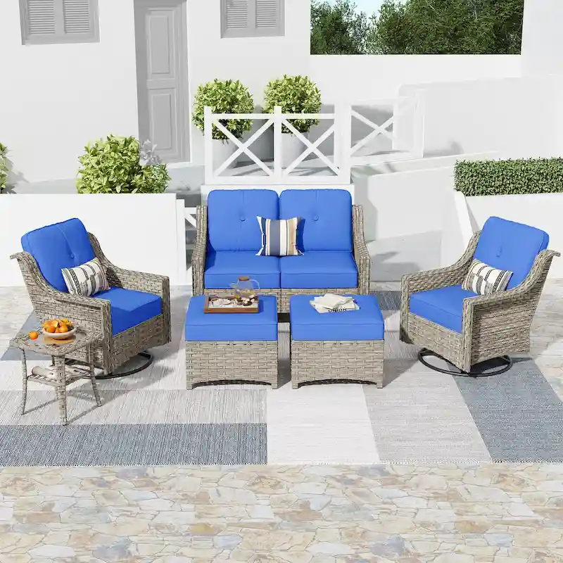 HOOOWOOO 6-piece Wicker Furniture Patio Loveseat Sofa Conversation Set with Swivel Chair