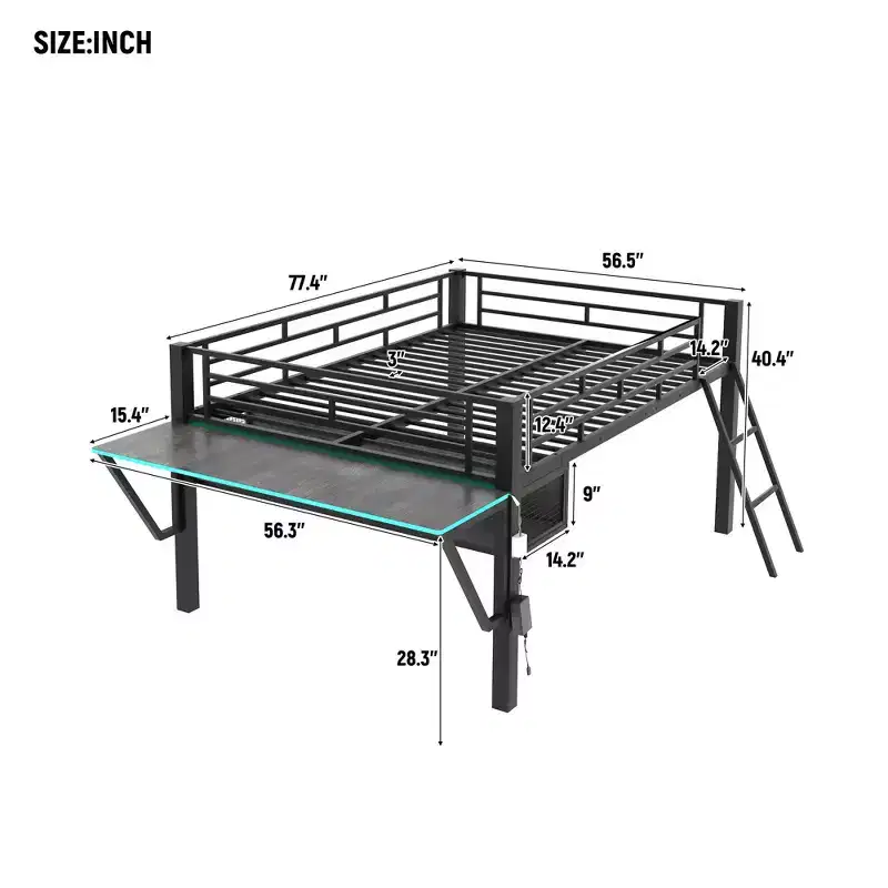 Whisen 92.8''L x 41.7''W Gaming Style Black Metal Loft Bed with Built in Desk, Ladder and Shelf