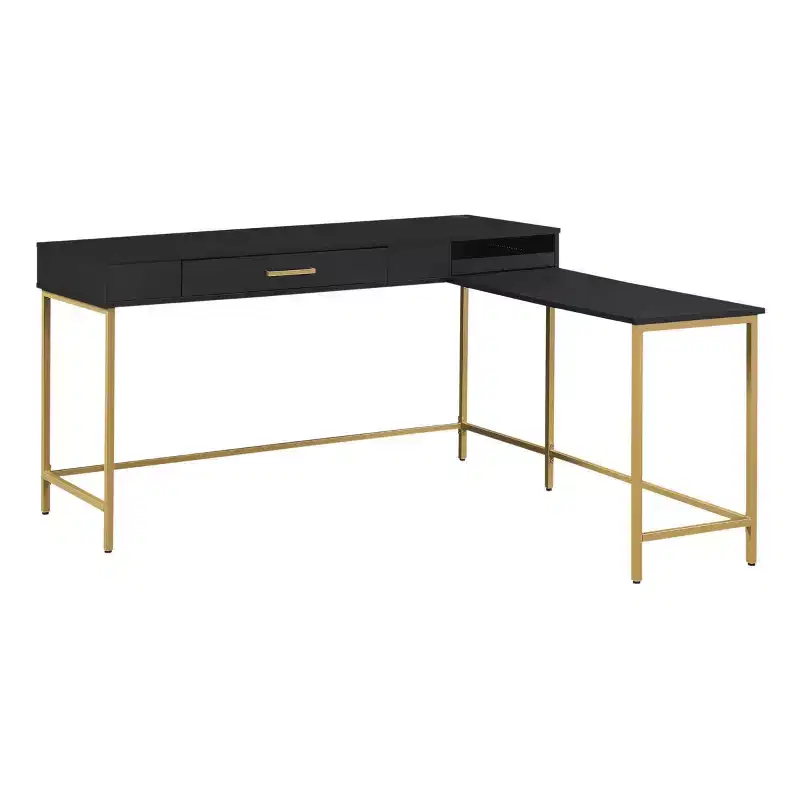 L-Shaped Desk with Built-In Power Tray & Gold Metal Legs
