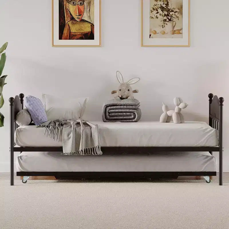 Twin Size Daybed, Heavy Duty Metal Sofa Bed Frame with Headboards, Steel Slats Support