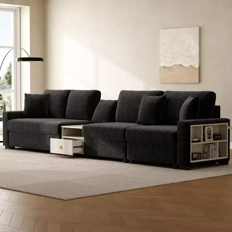 Christopher Knight Home Dirae 132.5'' Modern 4-Seater Chenille Upholstered Sectional Sofa with Console, Storage Armrest and Pillows