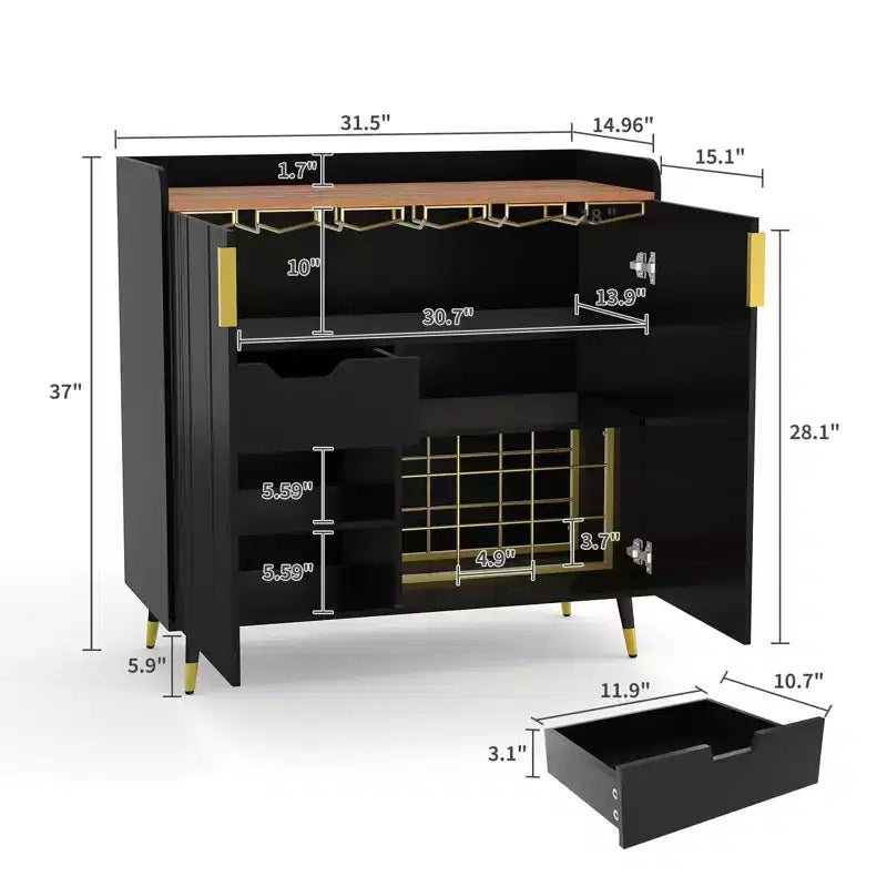 Small Black Sideboard Cabinet with Fluted Doors and Built-In Wine Rack