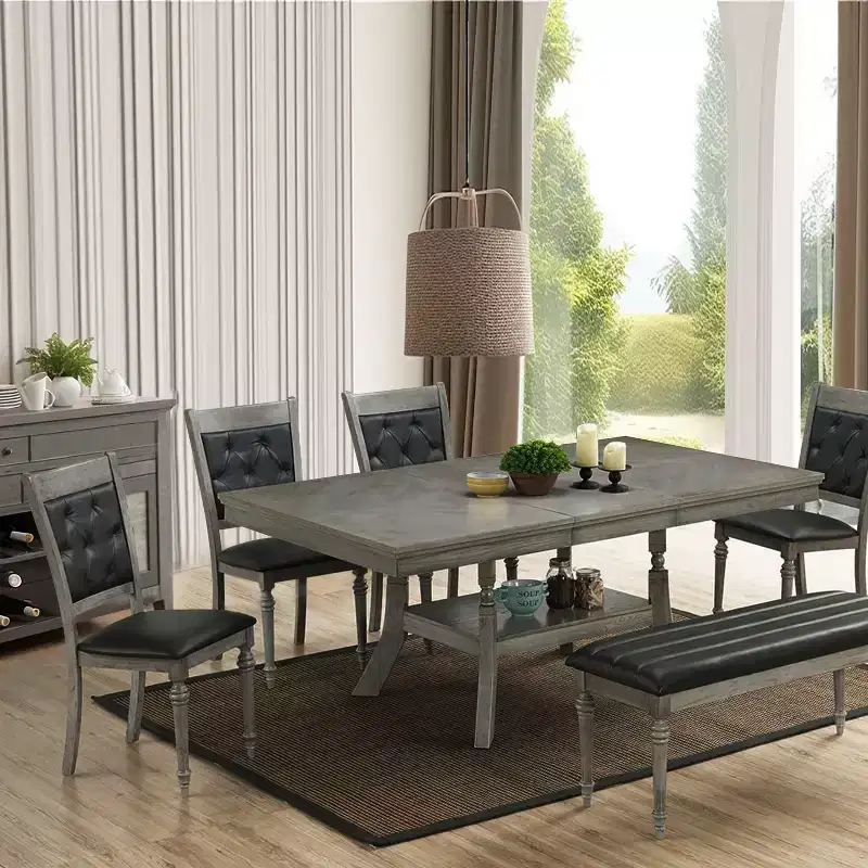 LuxenHome Set of 2 Gray Rubberwood and Upholstered Black Dining Chair