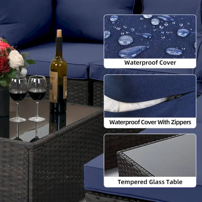 UPHA 8 Pieces Patio Furniture Set with 50,000 BTU Propane Fire Pit Table, Beige / Navy Blue Cushions