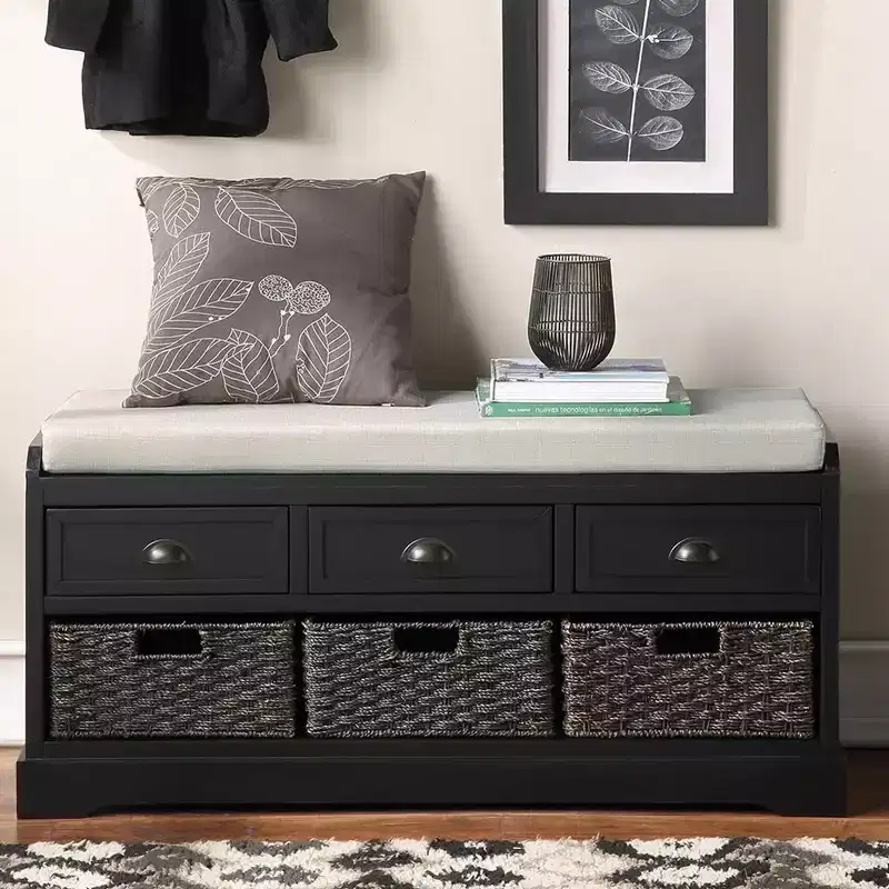 Wooden Storage Bench with 3 Drawers, 3 Baskets and Cushion – Entryway & Hallway