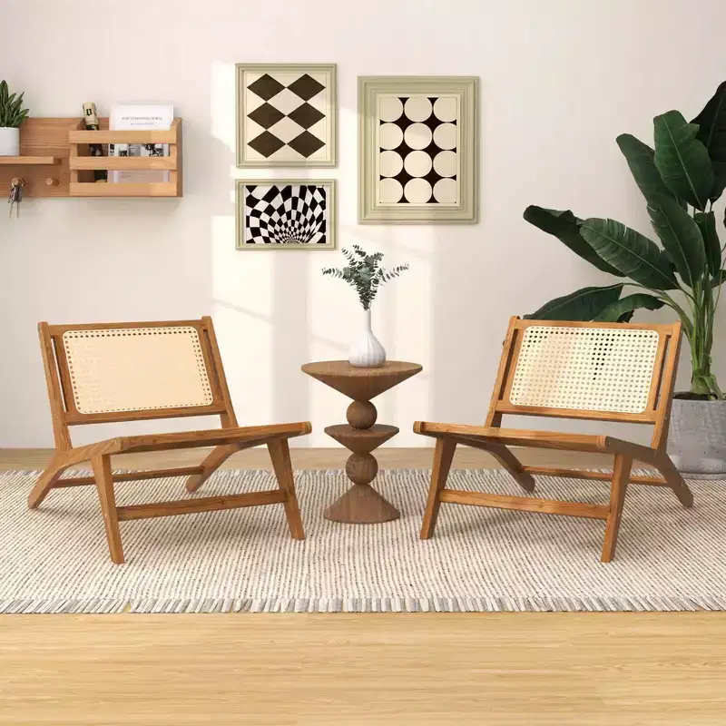 Costway 1/2 PCS Mid Century Modern Teak Wooden Chair with Handwoven Rattan Seat & Backrest