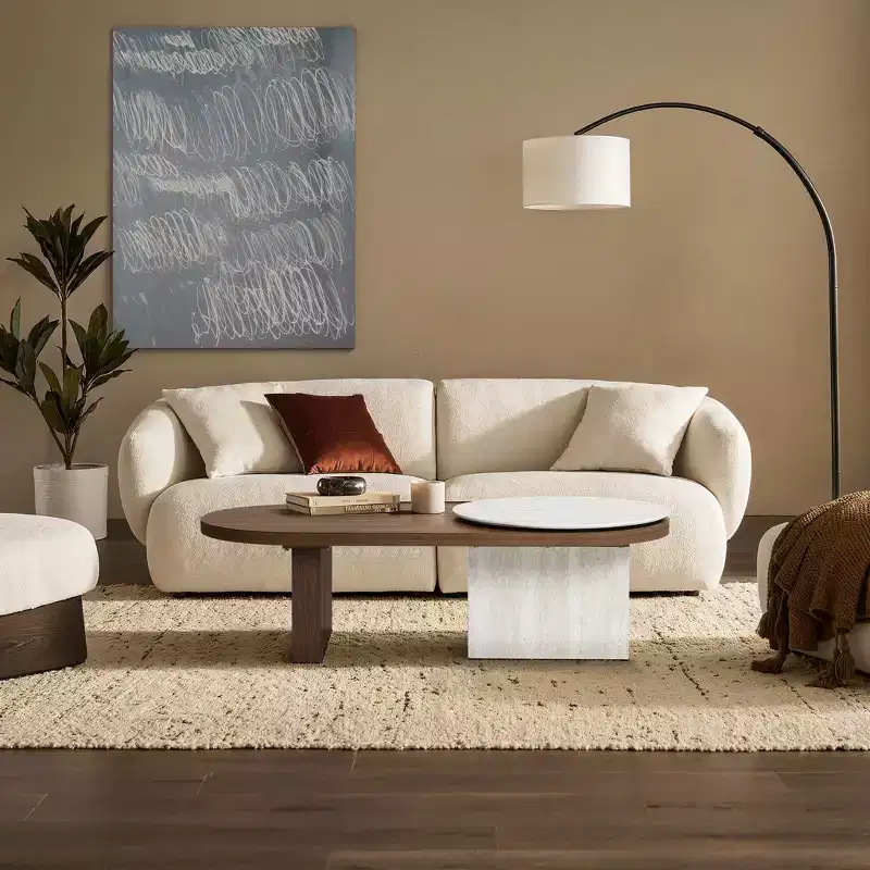 LuxenHome Travertine-Style and Walnut Finish MDF Wood Oval Coffee Table Brown