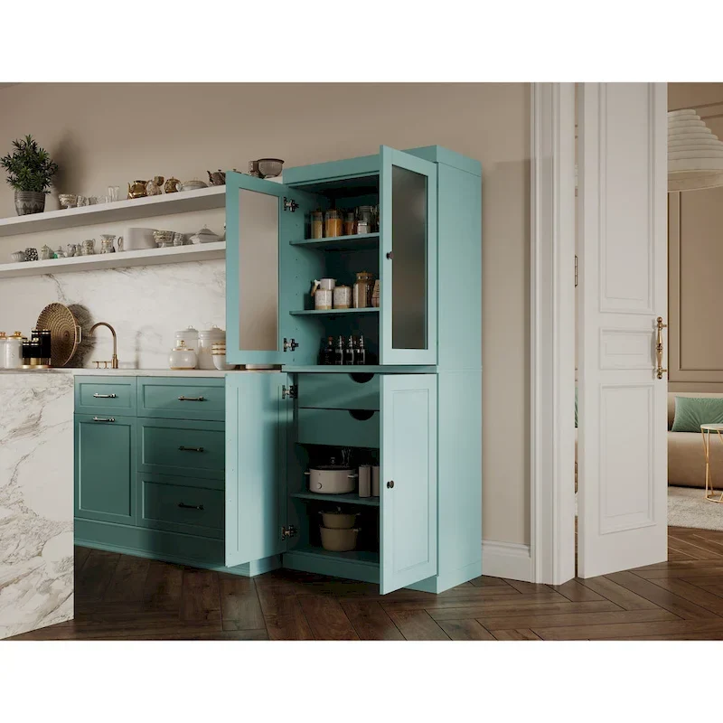 Armoire de rangement 100 % bois massif avec portes en verre dépoli, portes pleines, 2 tiroirs et étagères réglables.