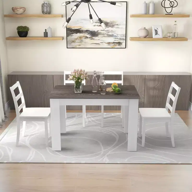 Costway 5 PCS Dining Set Modern Rectangle Table & 4 Rubber Wood Chairs Kitchen Breakfast