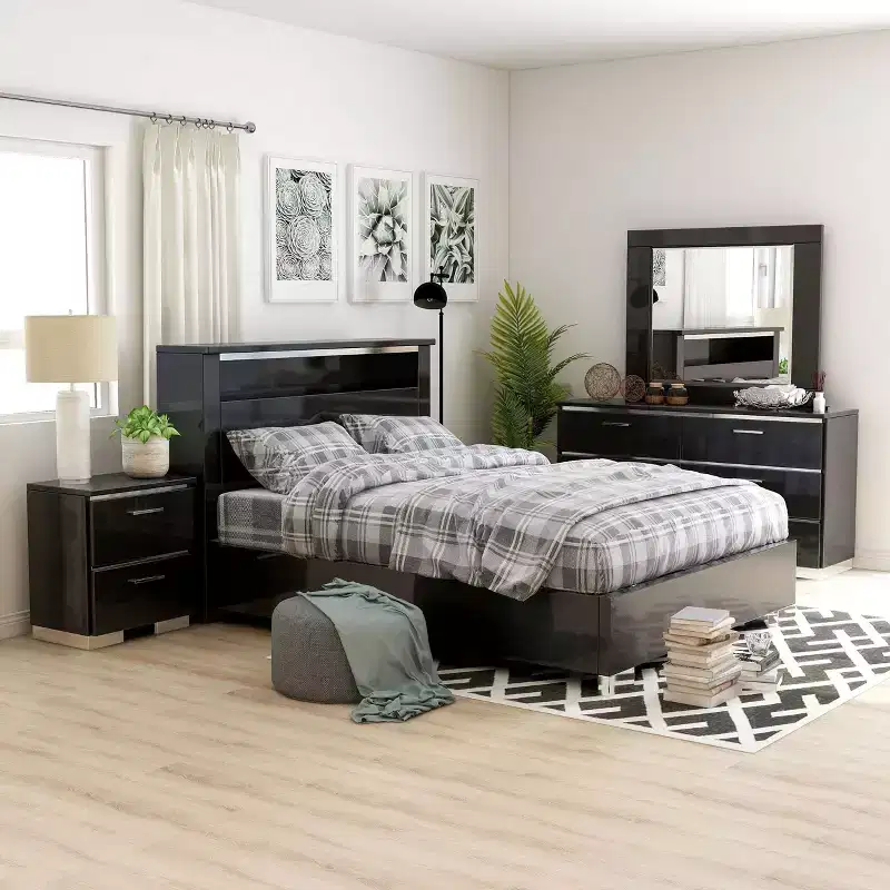5pc Shorehaven Bedroom Set with 2 Nightstands Black/Chrome - miBasics