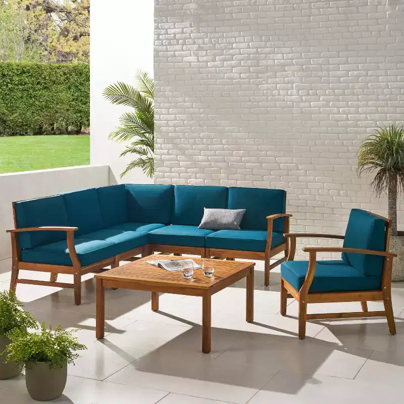 GDFStudio Abena Outdoor Acacia Wood 6 Seater Sectional Sofa and Club Chair Chat Set with Cushions