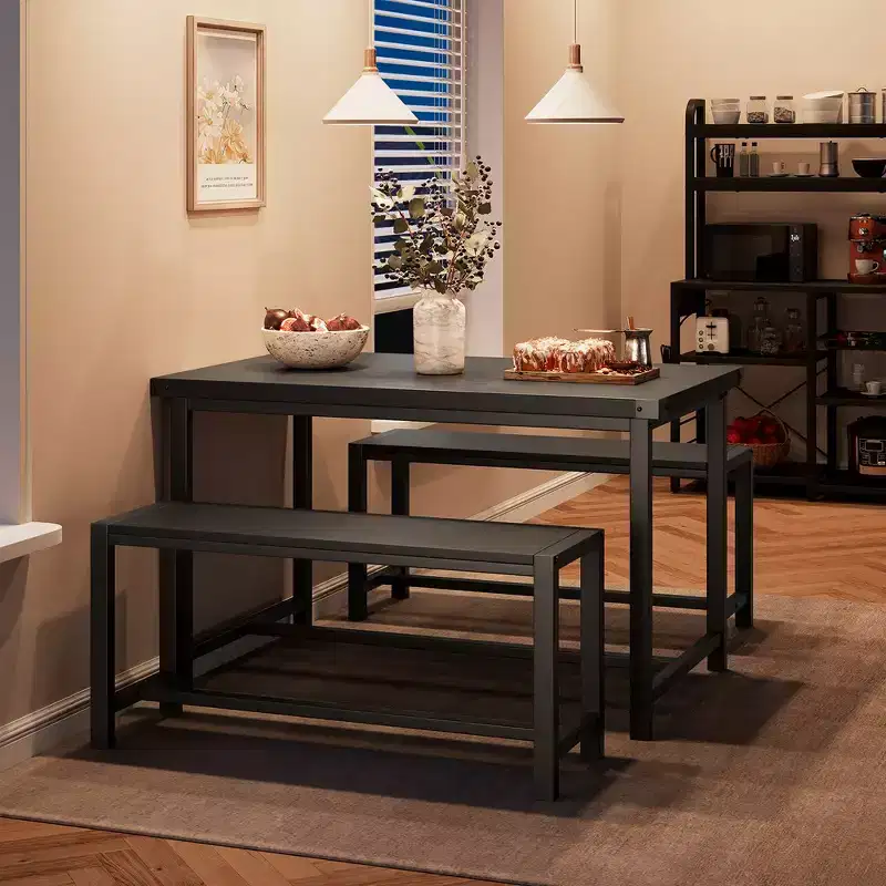 Dining Table Set for 4, Kitchen Table with 2 Metal Wood Benches, Rectangular Room Dining Table Set, for Small Space, Apartment, Studio, Rustic Black