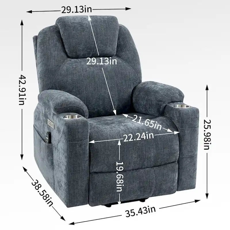 Power Lift Recliner | 8-Point Massage | Lumbar Heat | Dual USB | Steel Cup Holders | Blue