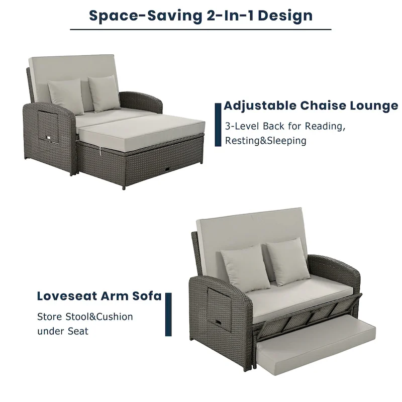 PE Wicker Rattan Double Chaise Lounge, 2-Person Reclining Daybed with Adjustable Back and Cushions, Patio Sun Lounger
