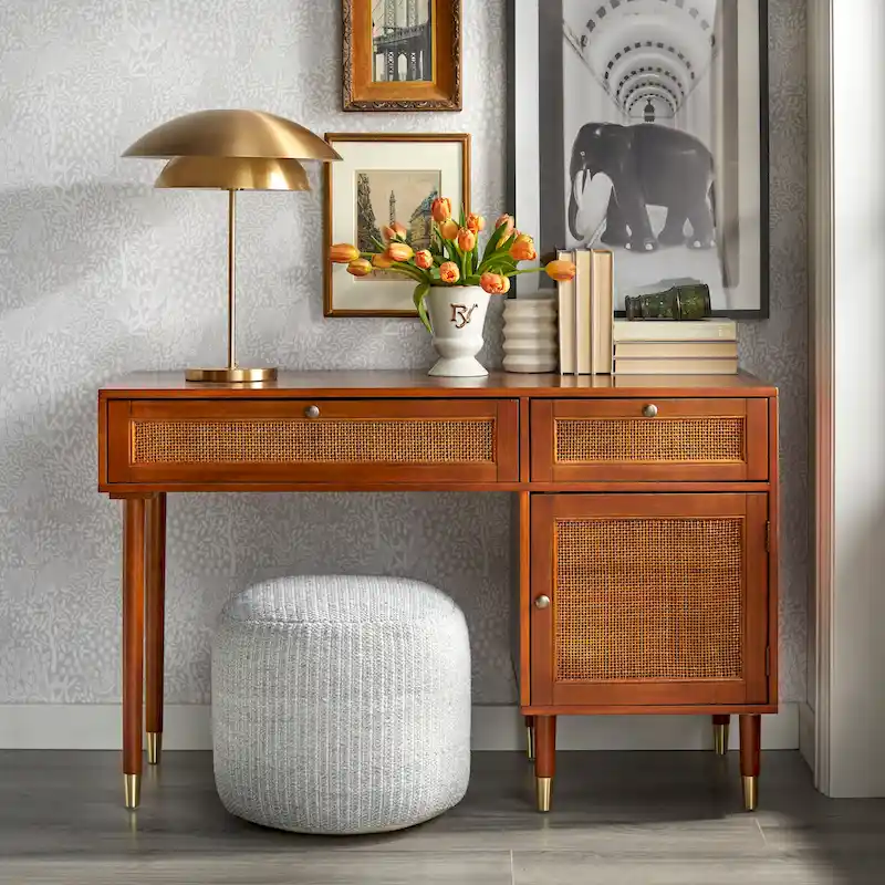 Walnut Cane Front Writing Desk, 1-Person