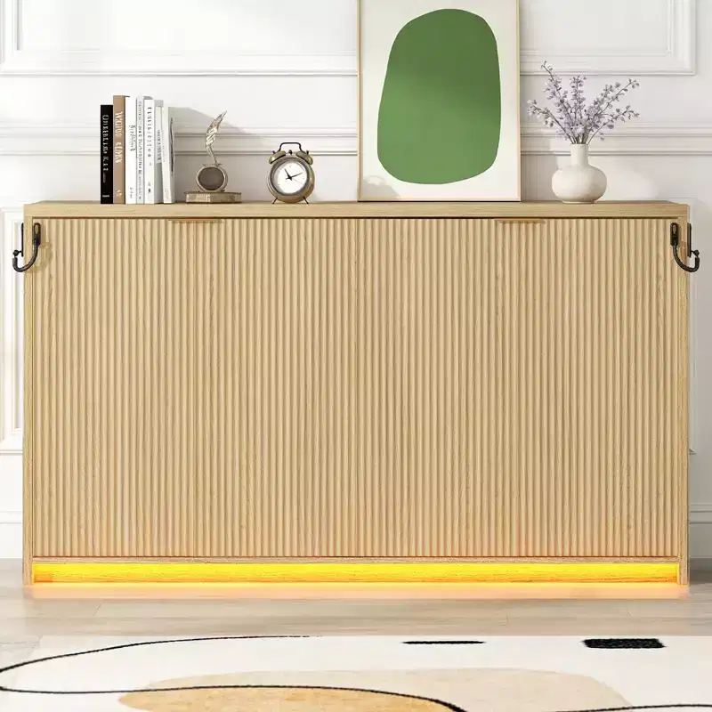 Twin XL Size Cabinet-style Murphy Bed with LED Light for Living Room and Apartment, Nature