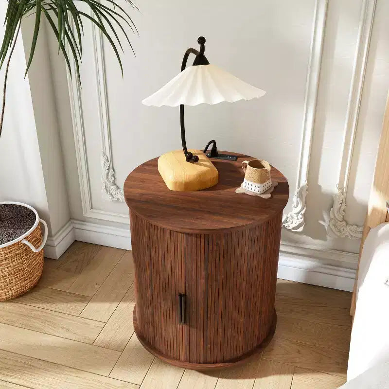 Mid-Century Modern Round Nightstands with Sliding Doors, Bedside Tables for Bedroom, 2-Tier Storage End Tables-Panipeachy