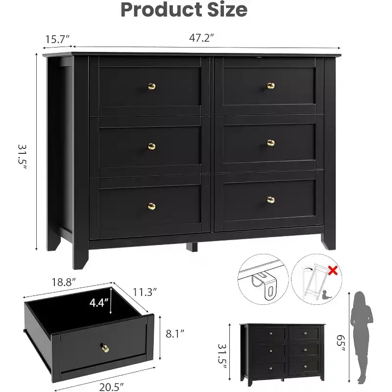 6 Drawer Dresser with Deep Drawers, Modern Wooden Chests, for Entryway, Living Room