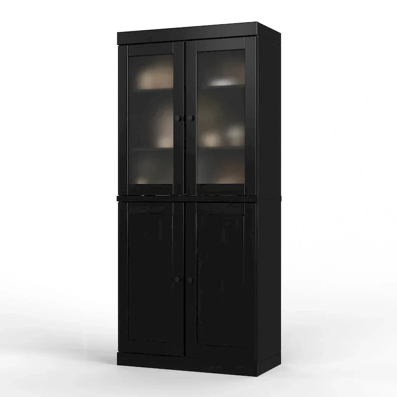 Armoire de rangement 100 % bois massif avec portes en verre dépoli, portes pleines, 2 tiroirs et étagères réglables.