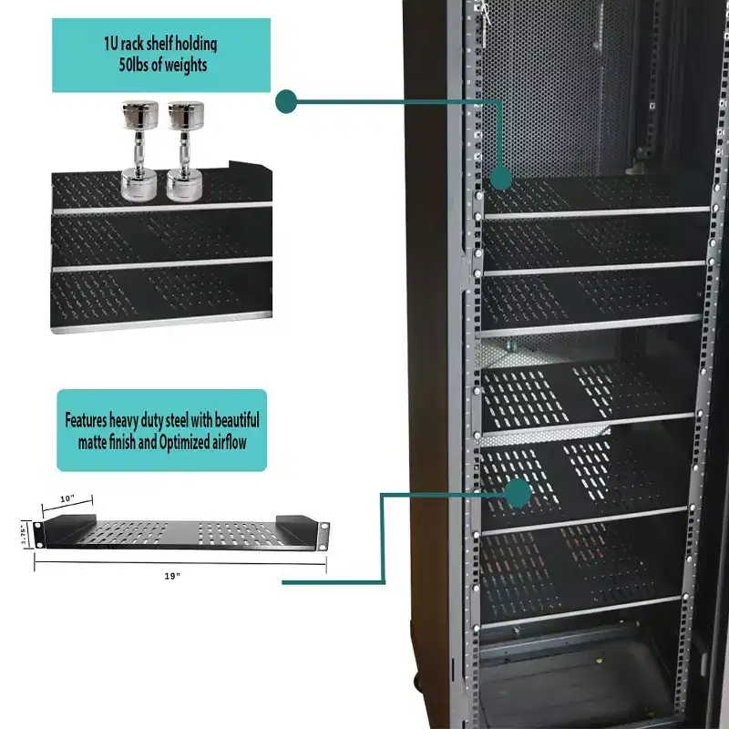 Rolled Steel Cantilever Rack Shelves - Set of 2 Universal Vented 1U Trays for 19-Inch Network Server Cabinets and AV Equipment by SimpleCord (Black)