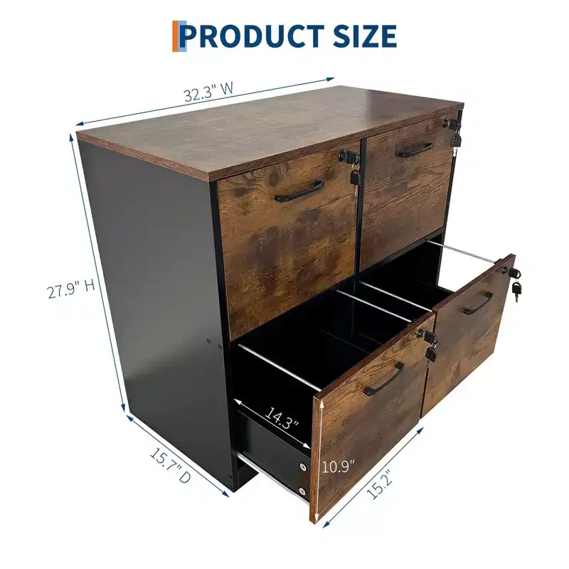 COZONY 4-Drawer Wooden File Cabinet, Locking Vertical Storage for A4/Letter, Rustic Brown & Black