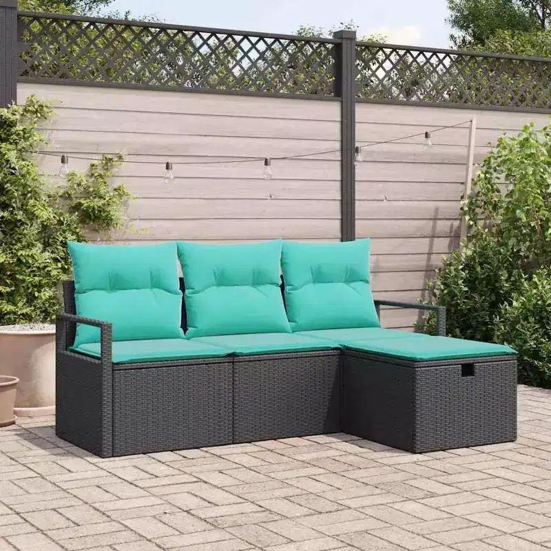 vidaXL Garden Sofa Set with Cushion 4 pcs Black Poly rattan - Black Blue