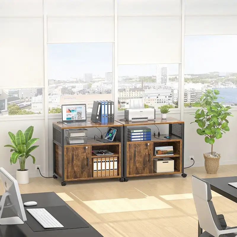 Rolling File Cabinet Lateral Office Filing Cabinets with Charging Station,Modern Printer Stand on Wheels