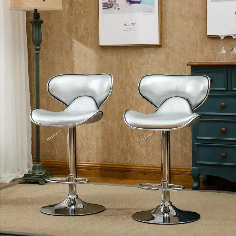 Roundhill Furniture Masaccio Cushioned Leatherette Upholstery Airlift Adjustable Swivel Barstool with Chrome Base, Silver, Set of 2