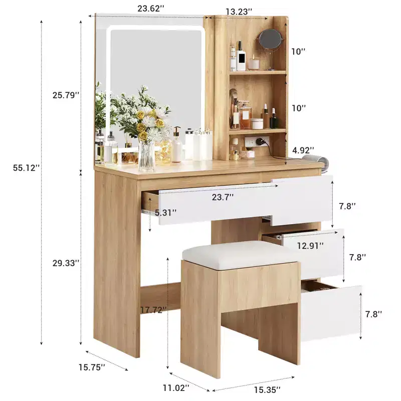 Vanity Desk with Mirror and Lights - Modern Makeup Dressing Table with Storage Stool, 4 Drawers & Hair Dryer Holder -Vanities for Bedroom