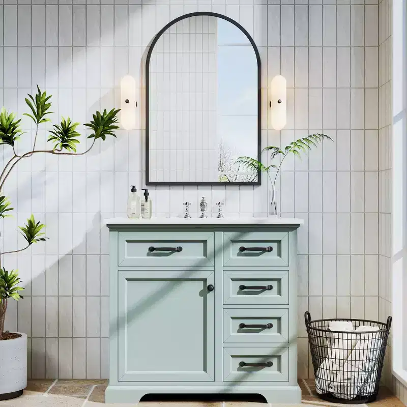 36 Grey Bathroom Vanity with Ceramic Sink and Aluminum Alloy Frame Wall Mirror 2 Tip-out Drawers Soft Close Door Hinges