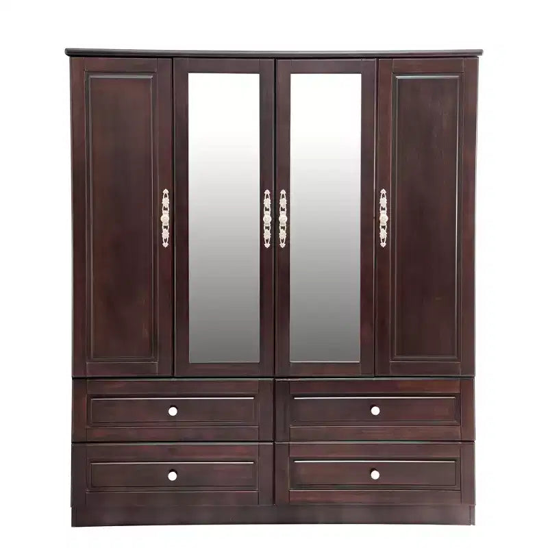Brownish Black Wood 61.42 in. Armoire with 4 Drawers, 2 Mirrors, Hanging Rod and Shelves