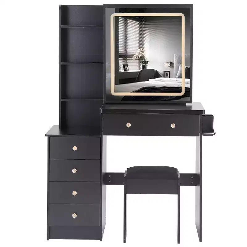 Contemporary Makeup Vanity with Padded Stool, LED Sliding Mirror, Touch-Sensitive 3 Color Lighting, Dual AC Outlets & USB Charging Ports
