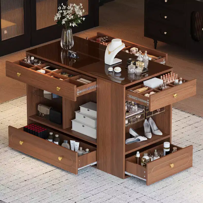 Closet Island with 6 Drawers, Dresser with Glass Display Top & Open Shelves, Jewelry Storage Vanity Island Display Cabinet - ModernLuxe