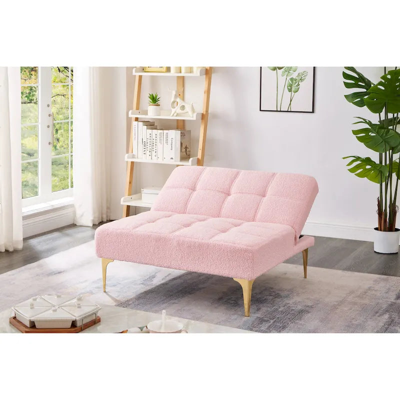 Pink Teddy Chenille Sofa Bed | 3-Position Futon | Solid Wood Frame | 300 lb | Gold Legs