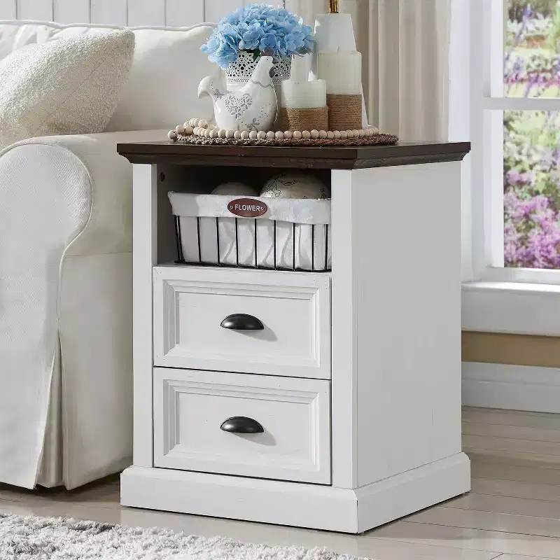 SinCiDo Nightstand with Charging Station & 2 Drawer, Farmhouse End Table for Bedroom, Living Room